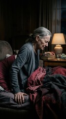 Fototapeta premium Elderly Woman Sitting On Bed With Blanket