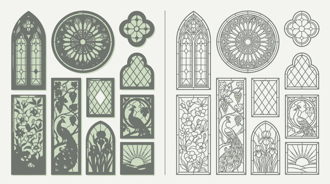 Collection of decorative stained glass window elements featuring floral motifs, birds, and geometric patterns in two color variations.