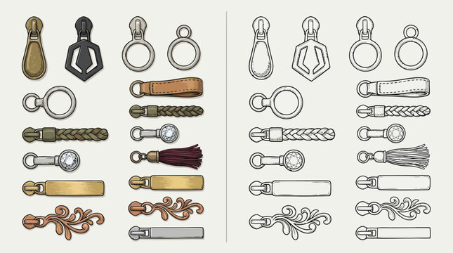 Collection of zipper pulls and sliders in various styles and materials, including metal, leather, and decorative elements.