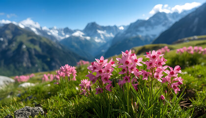 Obraz premium Vast meadow blanketed in wildflowers, mountains in the distance, flower field against snow covered mountains, created with generative ai