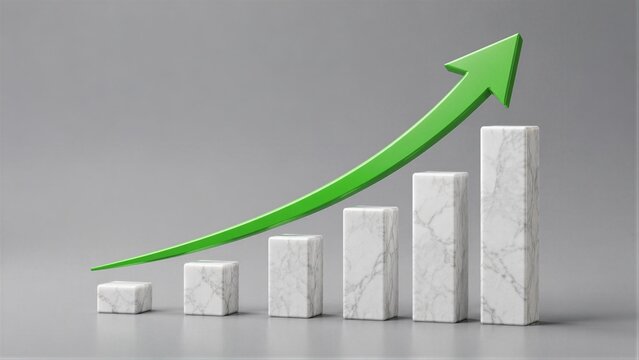 Marble column graph showing upward green arrow on gray surface