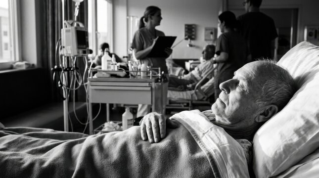 Elderly Patient In Hospital Room Receiving Care From Medical Staff