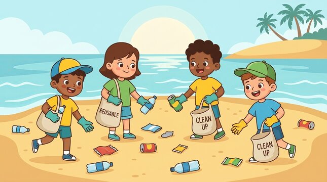 Diverse Group Of Children Cleaning Up Plastic Litter And Trash On Beach Vector Illustration