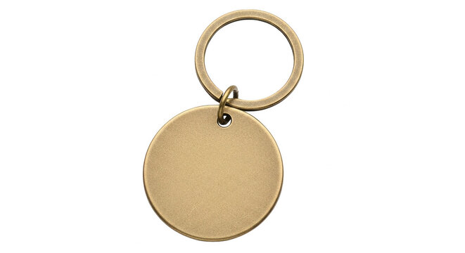 Round gold metal keychain with ring for keys isolated on transparent background