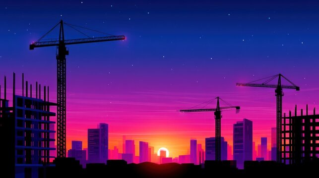 Silhouetted city skyline at sunset with cranes, vibrant colors painting the sky
