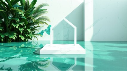 Fototapeta premium Minimalist interior. White structure reflects in turquoise water. Lush plants provide vibrant contrast. Serene, modern aesthetic.