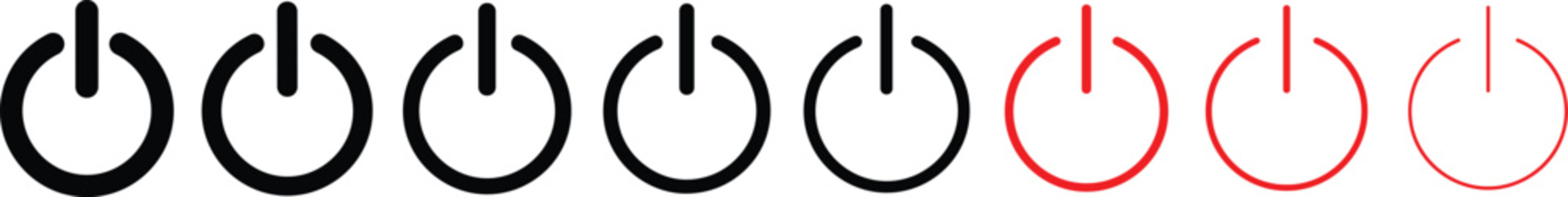Power button line icon set with varying stroke weights from thick bold black to thin minimal red color vector