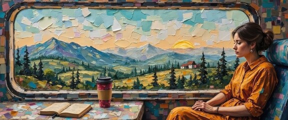 Fototapeta premium Woman resting with book and coffee in colorful art studio overlooking mountain landscape