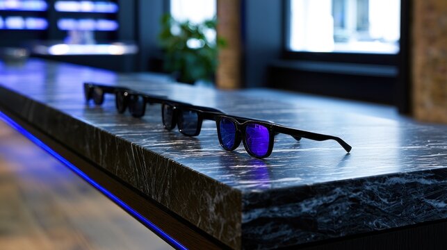 Three sleek, modern sunglasses with dark lenses rest atop a stylish marble surface in a contemporary setting