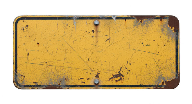 Old empty yellow metal sign with rust and texture isolated on transparent background