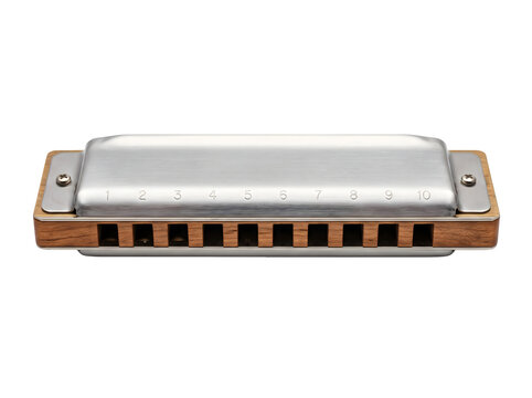 Vintage diatonic harmonica with wooden comb and chrome plates, classic 10-hole mouth organ, traditional blues harp musical instrument on white background