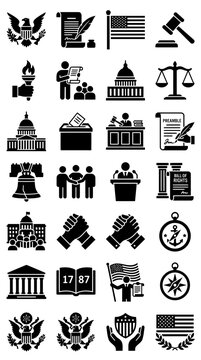 USA Government and Law Icons: Eagle, Capitol, Gavel, Flag, Justice Scales