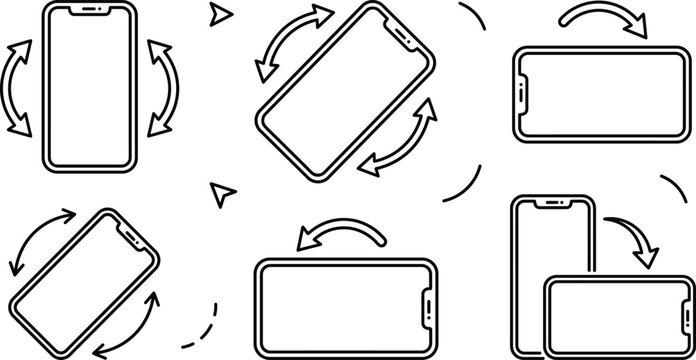Smartphone screen rotation vertical horizontal flip arrows icons set linear vector illustration isolated on white background digital