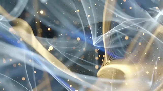 Abstract smoke patterns swirl with golden particles against a deep blue backdrop to form a dynamic composition.