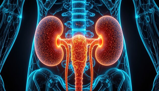 3D medical illustration of human kidneys with glowing vascular system. Digital anatomy scan highlighting renal health and urinary organs in vibrant...