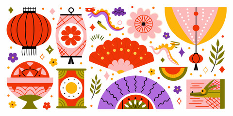 Fototapeta premium Asian themed Illustrations With Lanterns And Floral Elements Vector Style