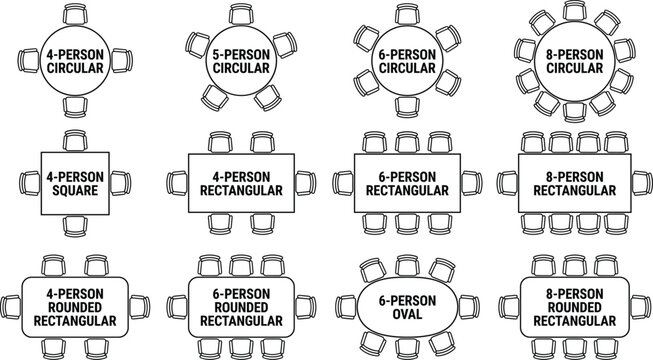 Table seating layout arrangements architectural floor plan furniture icons set linear vector illustration isolated on white background graphic