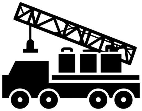 Solid black icon of a workover rig service truck with crane with black filled construction industrial mechanical equipment machinery transport
