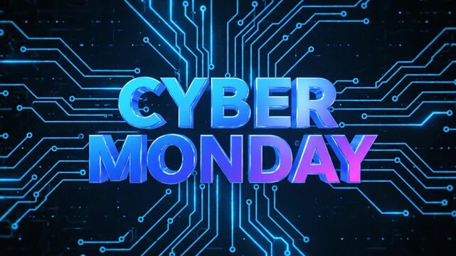 3D Cyber Monday text on blue digital circuit background