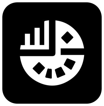 Solid black filled icon representing unrealized gain deferral with depicts white pie chart icon bar graph black background visualization accounting