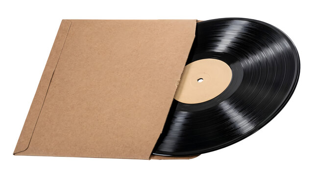 Vintage vinyl record in brown cardboard sleeve, classic black analog disc with blank paper cover, retro music album mockup on white background