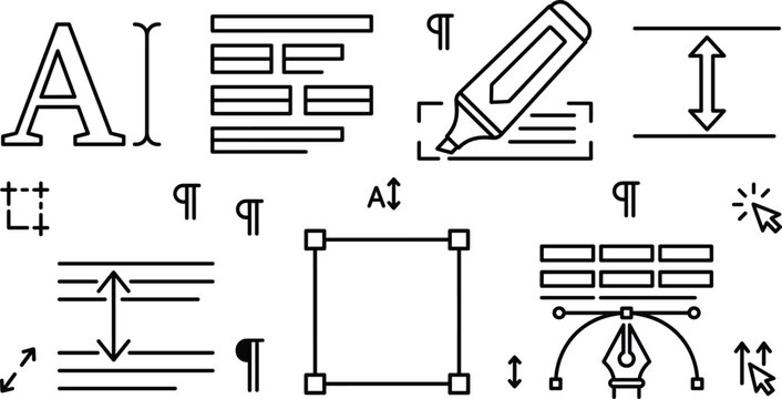 Typography text editing layout tool pen tool cursor marker icons set linear vector illustration isolated on white background