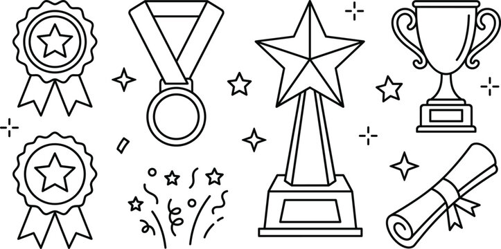 Trophy cup star award medal diploma ribbon icons set linear vector illustration isolated on white background digital graphic