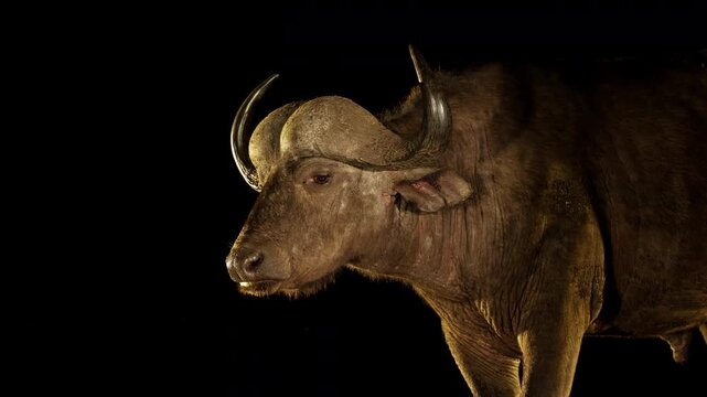 Close-up portrait of an African buffalo (Syncerus caffer) in the process of rumination during the night, South Africa