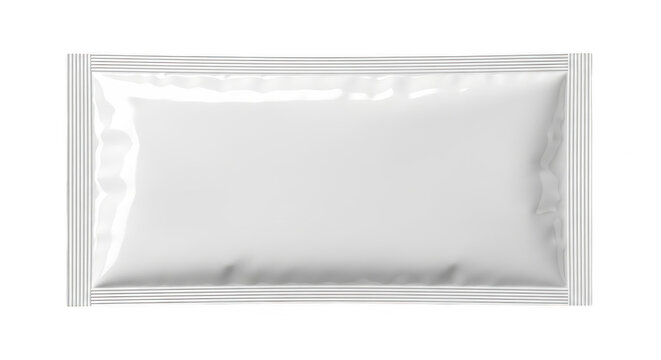 Blank white foil sachet pouch mockup for product packaging isolated on transparent background