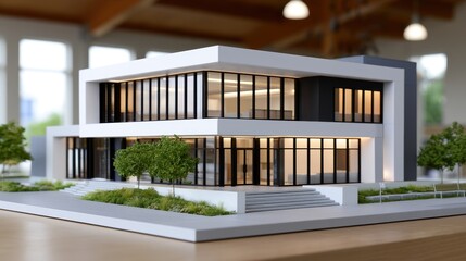 Fototapeta premium Modern two-story architectural model with large windows, lit interior, surrounded by greenery, indoor setting