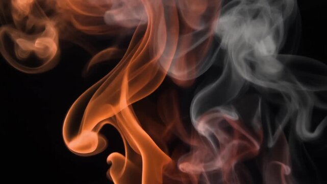 Burnt rust orange and charcoal grey smoke drifts upward in slow motion, intertwining into soft wisps under dramatic backlighting with cinematic atmospheric depth against a dark background.