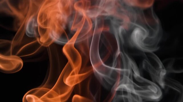 Burnt rust orange and charcoal grey smoke drifts upward in slow motion, intertwining into soft wisps under dramatic backlighting with cinematic atmospheric depth against a dark background.