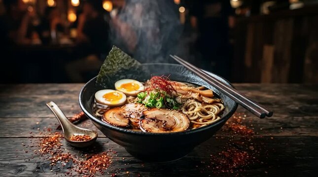 Spicy Ramen Noodle Bowl with Flames Steam and Soft Boiled Eggs Asian Cuisine Concept