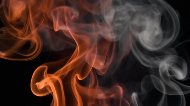 Burnt rust orange and charcoal grey smoke drifts upward in slow motion, intertwining into soft wisps under dramatic backlighting with cinematic atmospheric depth against a dark background.