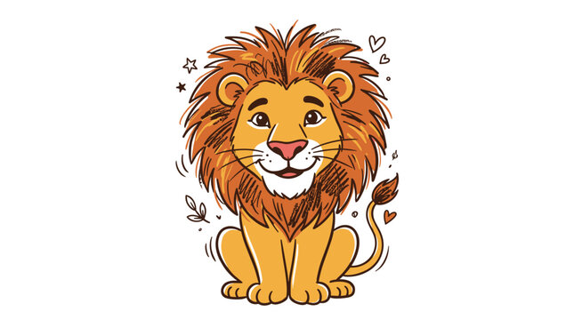 Cute lion cub sitting with spiky mane and smiling face surrounded by hearts and star icons