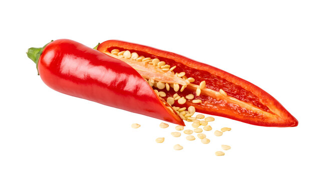 Fresh red chili pepper sliced in half with visible seeds, spicy hot jalapeno on white background, organic vegetable for culinary cooking