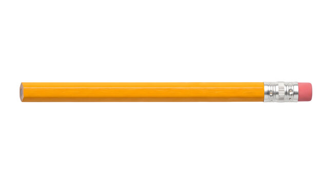 Classic yellow graphite pencil with pink eraser, unsharpened wooden pencil on white background, traditional school and office stationery supply