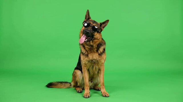 German Shepherd Dog Wearing Sunglasses Sitting on Green Screen