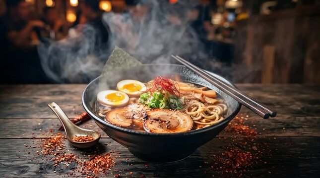 Spicy Ramen Noodle Bowl with Flames Steam and Soft Boiled Eggs Asian Cuisine Concept