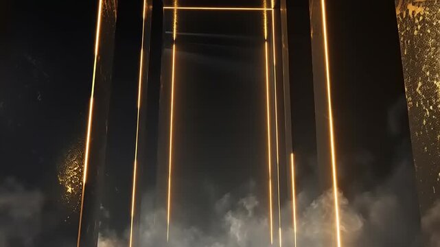 Neon light pillars rise through thick fog to define a futuristic architectural space with vertical lines.