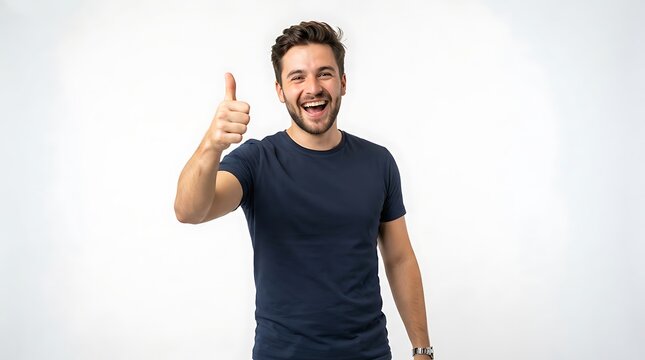 Nice one. Happy young man laughing and showing thumb up, like something good, standing on white background, complimenting you.