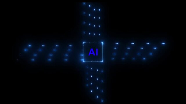 Artificial intelligence logo glows in blue light surrounded by a structured network of data points that represent complex machine learning algorithms operating within a sophisticated computing.