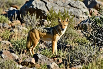 Fototapeta premium African golden wolf stands among dry rocks, bushes in North Africa landscape. Wild canine predator looks at camera in sunny desert habitat. Beautiful mammal with brown fur dwells in mountain region