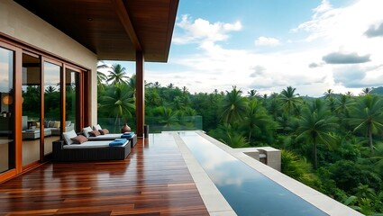 Fototapeta premium Luxury house terrace with tropical jungle view, polished wood and stone