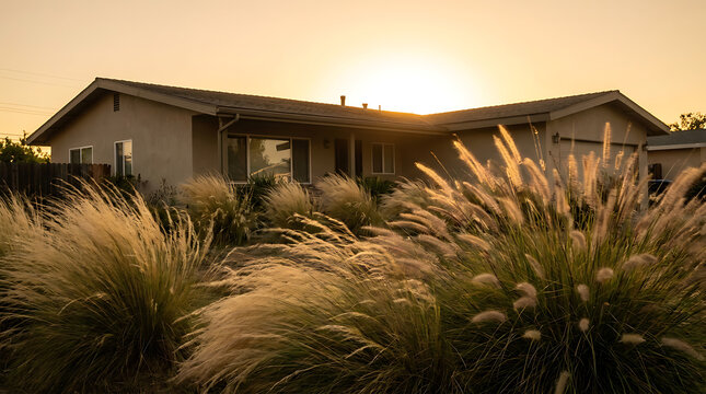 Backlit feather grass in drought resistant landscaping at sunset