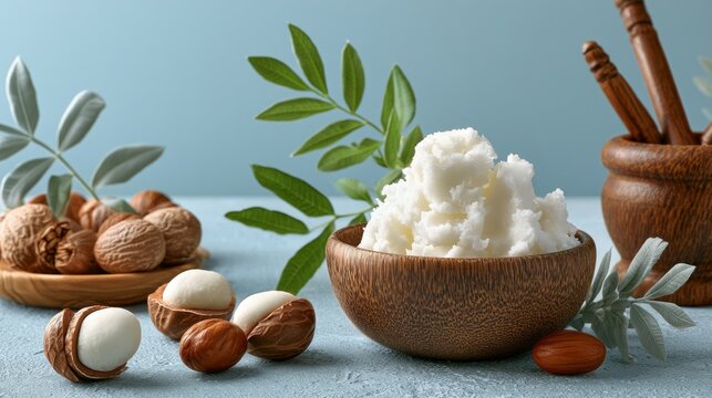 Creamy Cosmetic Ingredient with Natural Elements and Textures on a Light Background