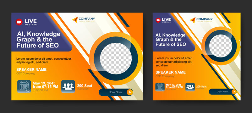 Business webinar invitation design. Webinar and business conference social media post template. Online webinar social media post template. Business conference banner template. Online live webinar.