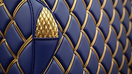 Obraz premium Close-up view of luxurious, quilted, dark blue leather with gold accents.