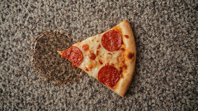 messy carpet floor with dropped pepperoni pizza slice crumbs grease stains spilled food indoor accident realistic lifestyle cluttered home scene unclean textile