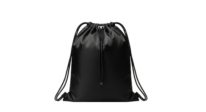 Black drawstring backpack bag for sports and fitness isolated on transparent background